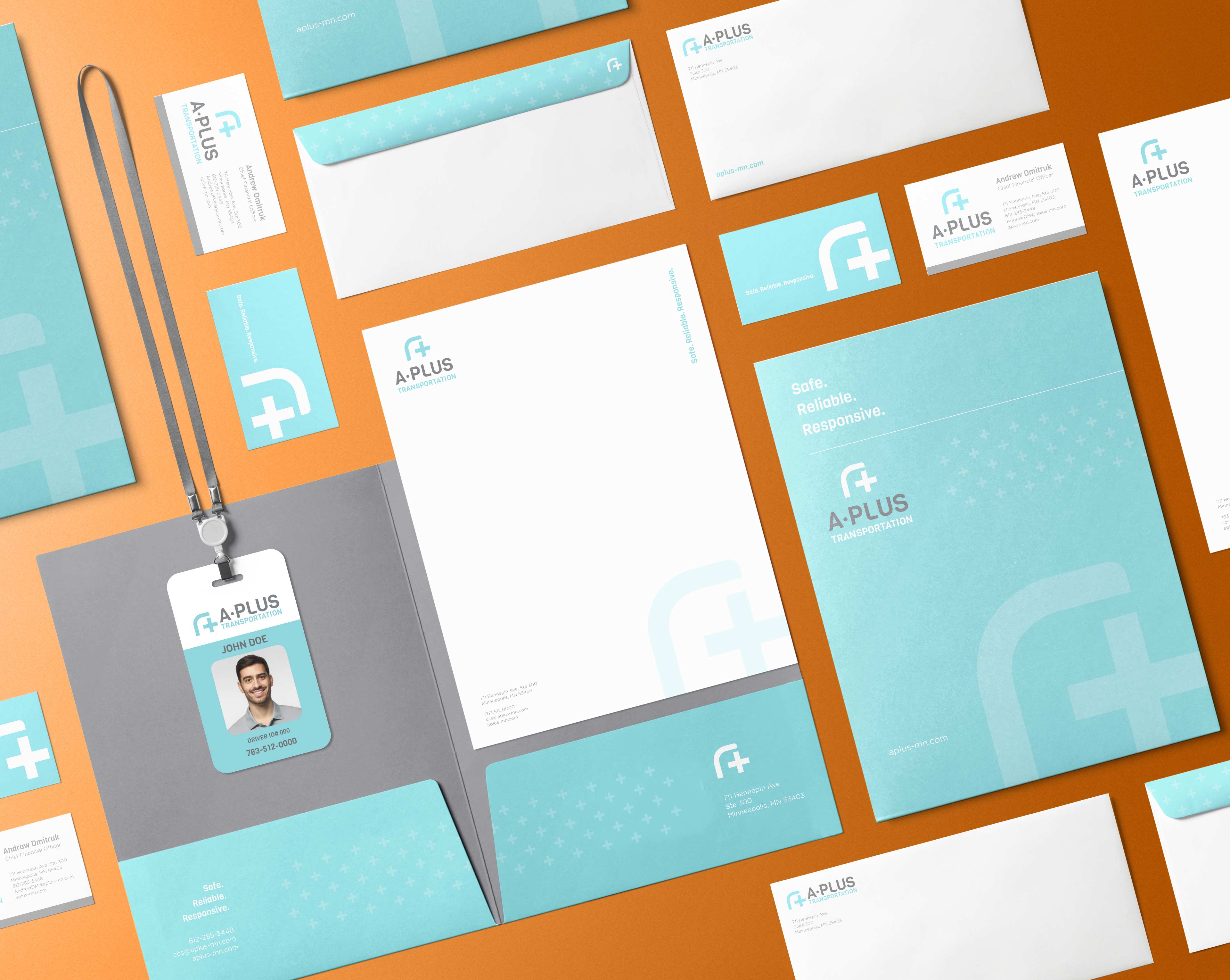 A spread of the A-Plus brand collateral includes letterhead, envelopes, business cards, a pocket folder and ID badge.