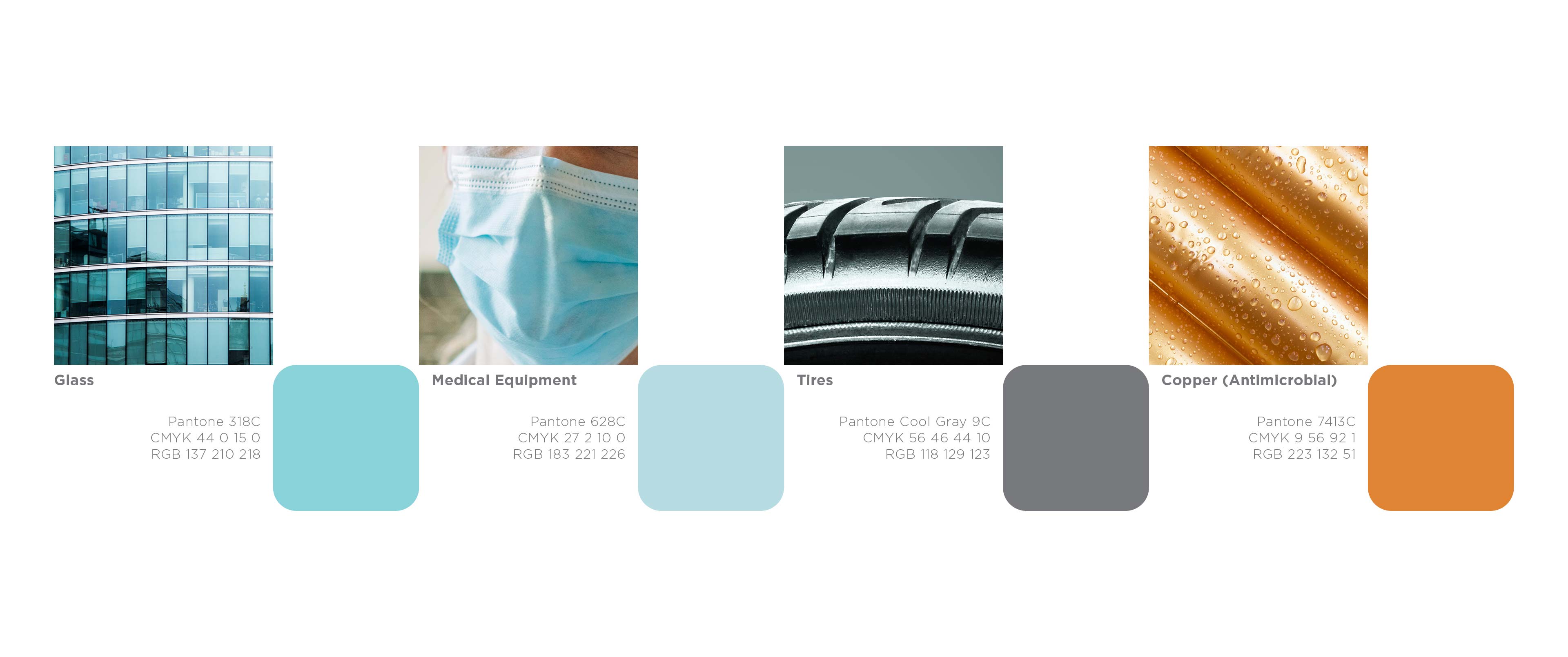 The inspriation for the turquoise tints, gray, and copper colors in the A-Plus brand identity come from the medical and transportation industry objects and materials.