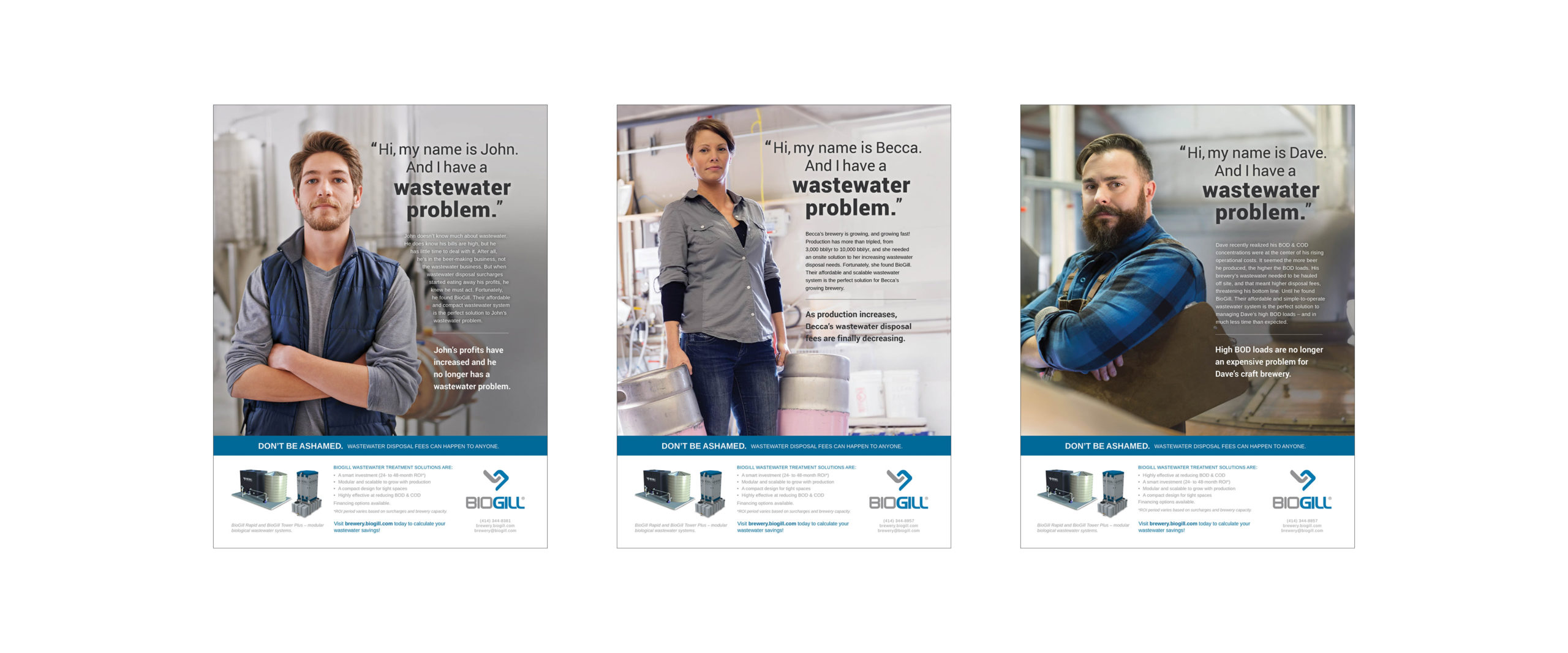 three BioGill print ads