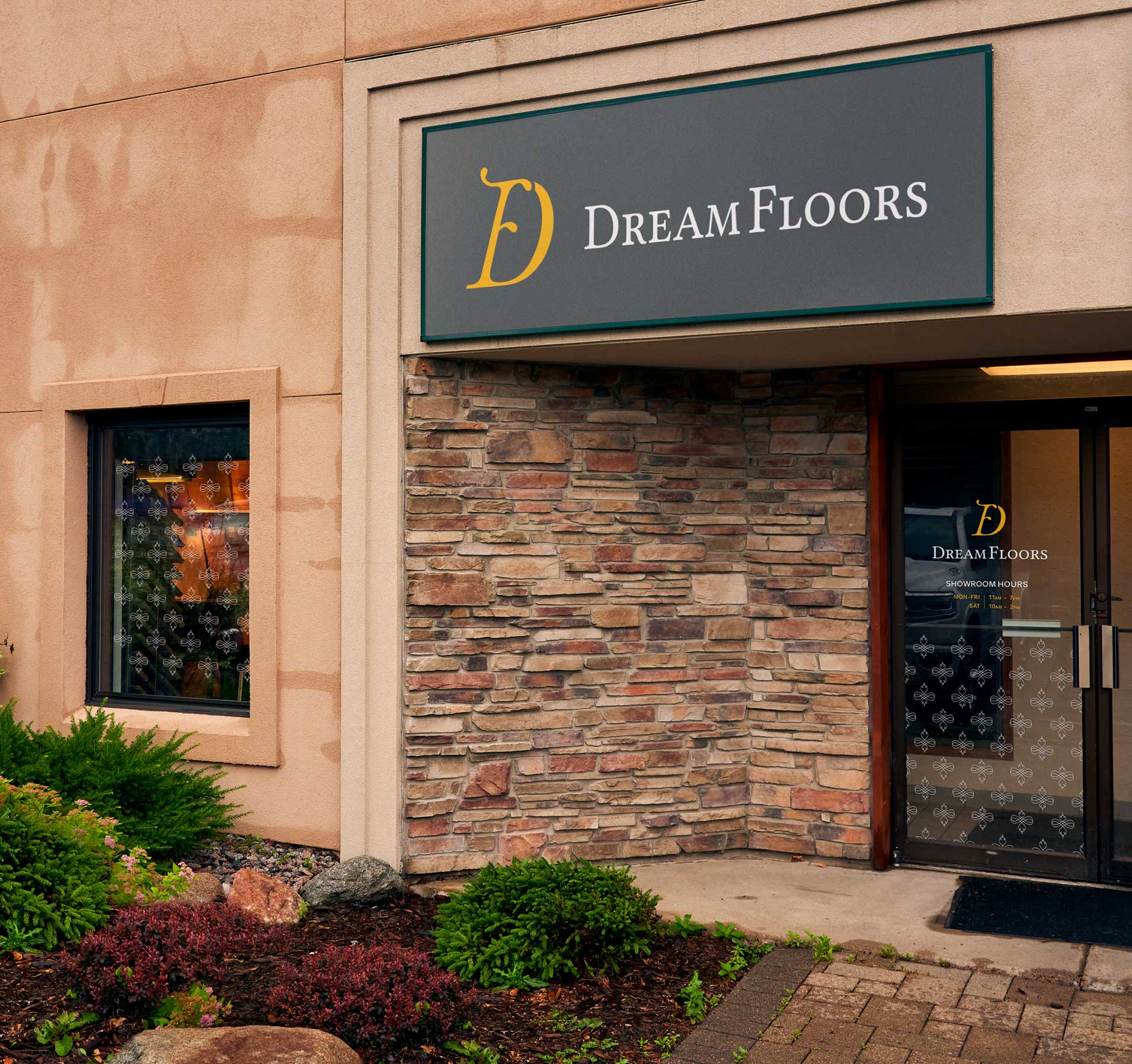 We designed signage and window graphics for the exterior of the Dream Floors showroom.