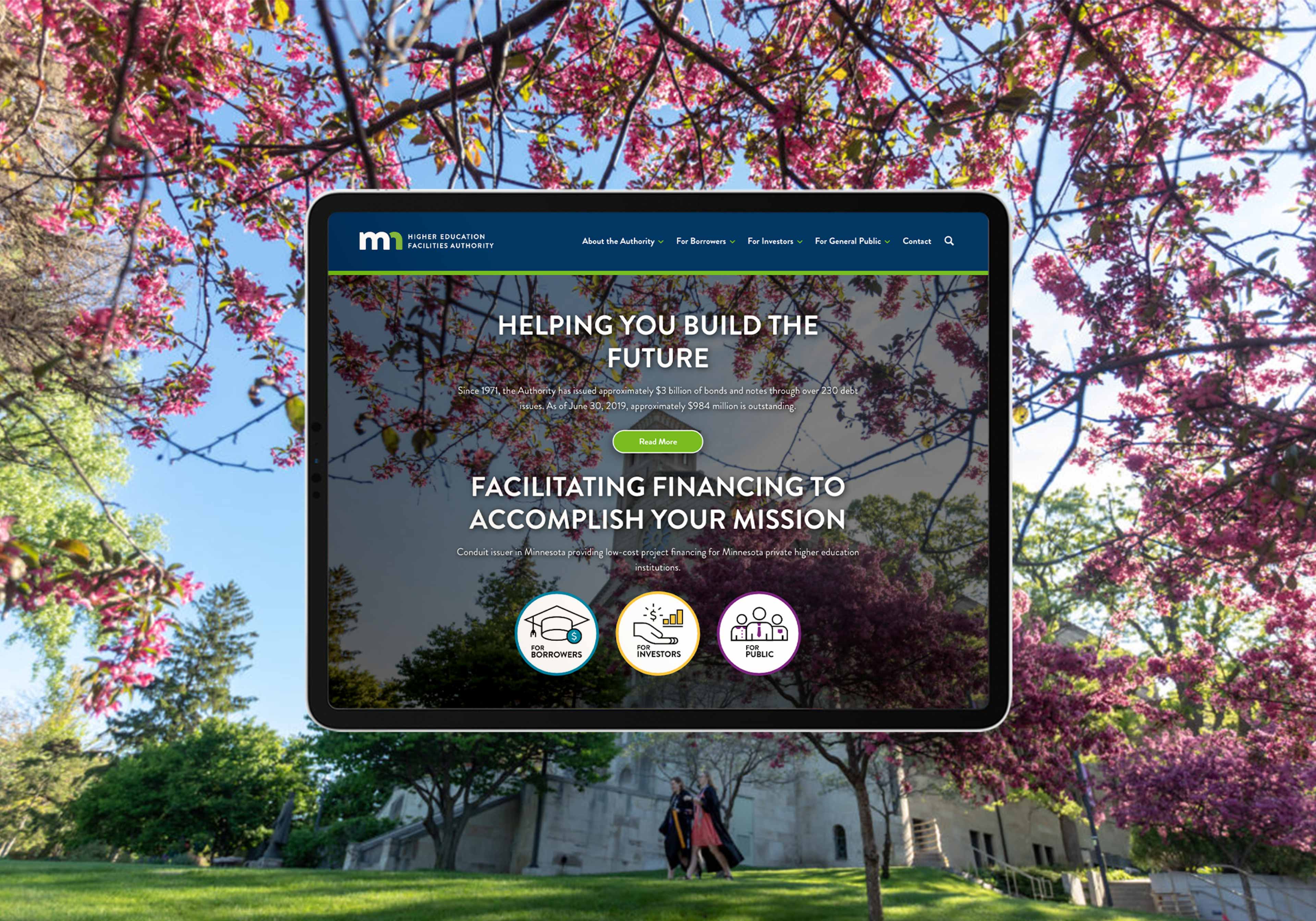 minnesota higher education facilities authority home page on a tablet