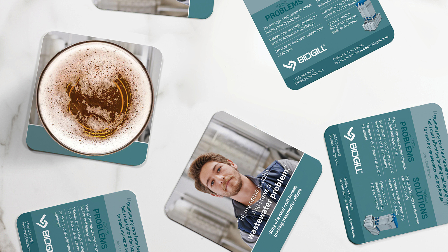 Custom designed coasters for BioGill's advertising campaign.