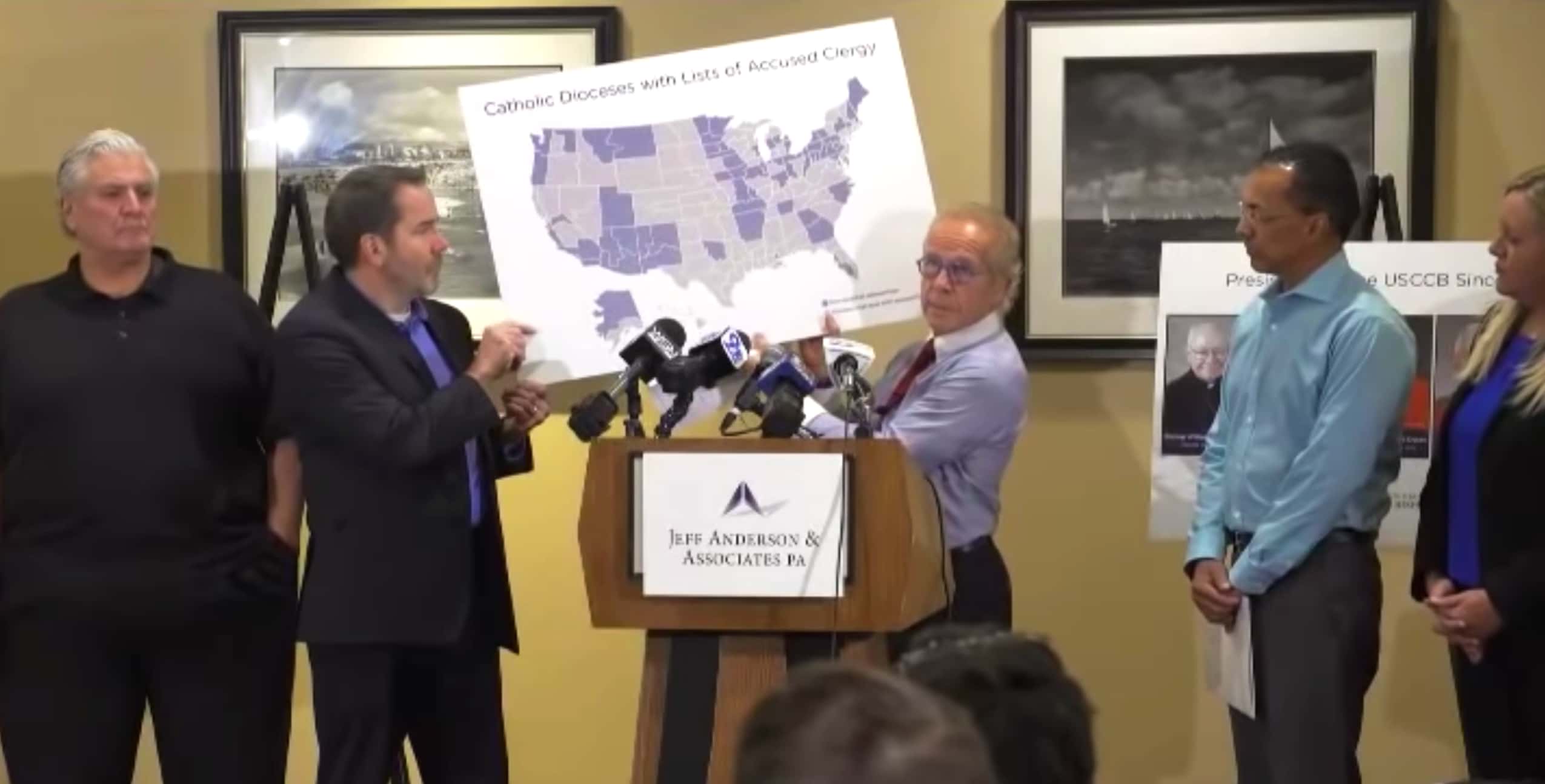 Map graphics displayed at a Jeff Anderson and Associates press conference.