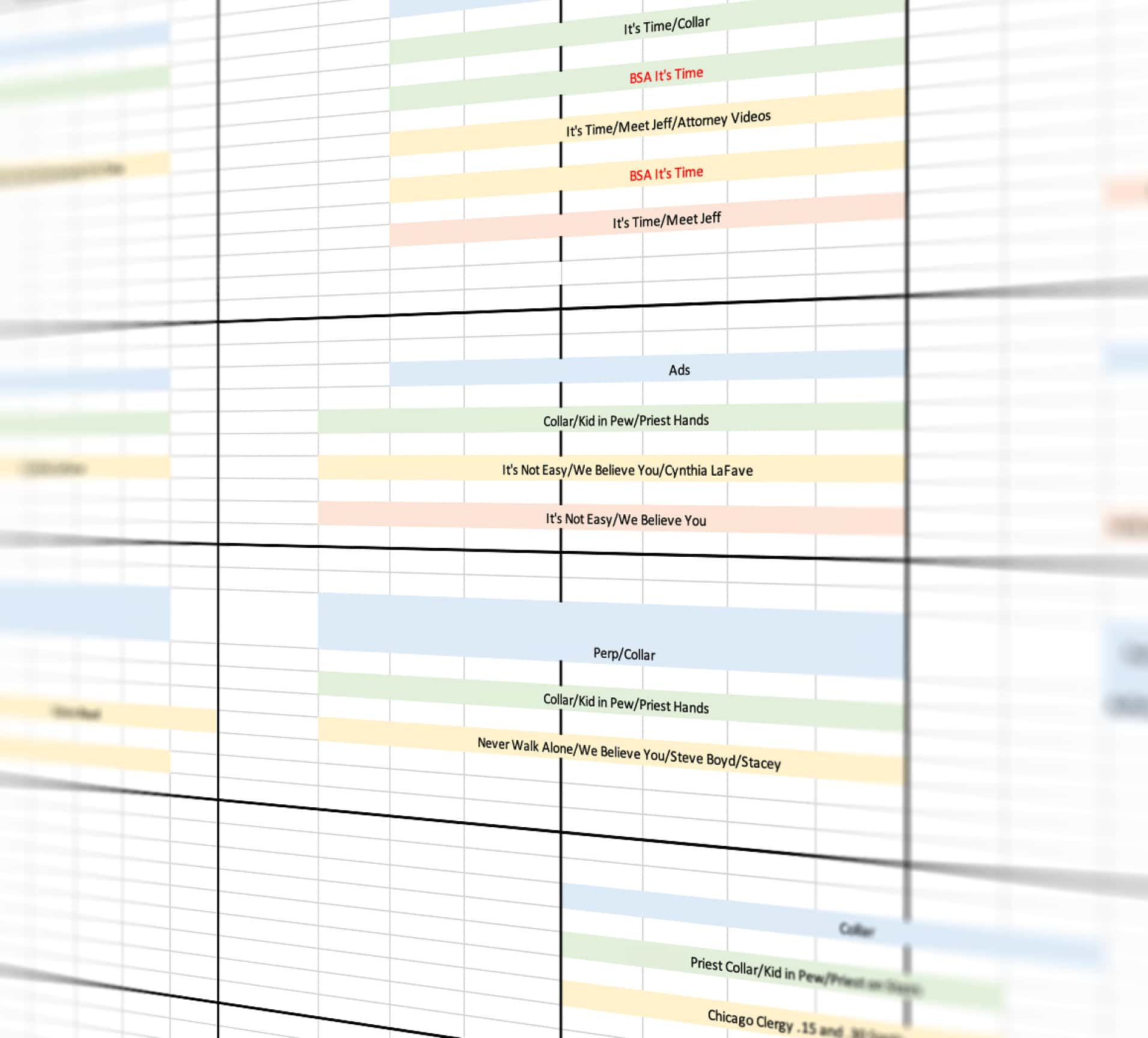 A close-up of a media scheduling spreadsheet.