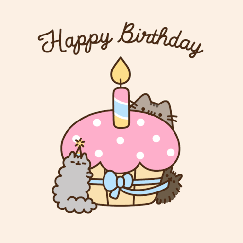 A Pusheen happy birthday image, featuring a custom script typeface by Chank Diesel.