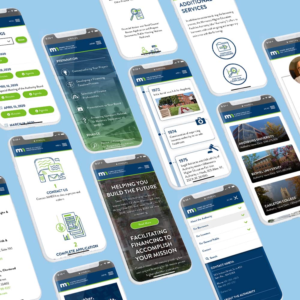 The Minnesota Higher Education Facilities Authority website pages on a variety of smartphones.